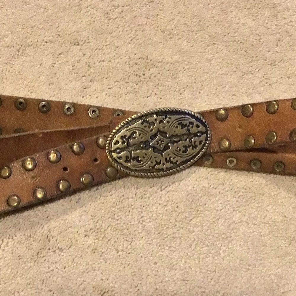 Vintage Leather Western Brown Studded Belt with Ornate Buckle - Picture 2 of 7